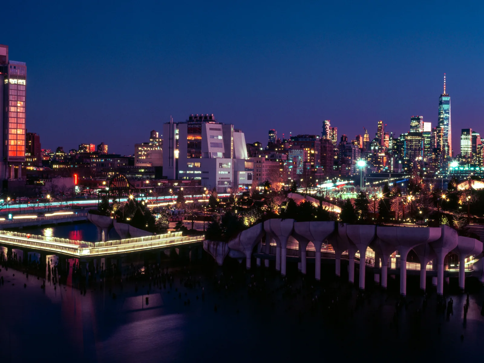Waterfront skyline at night